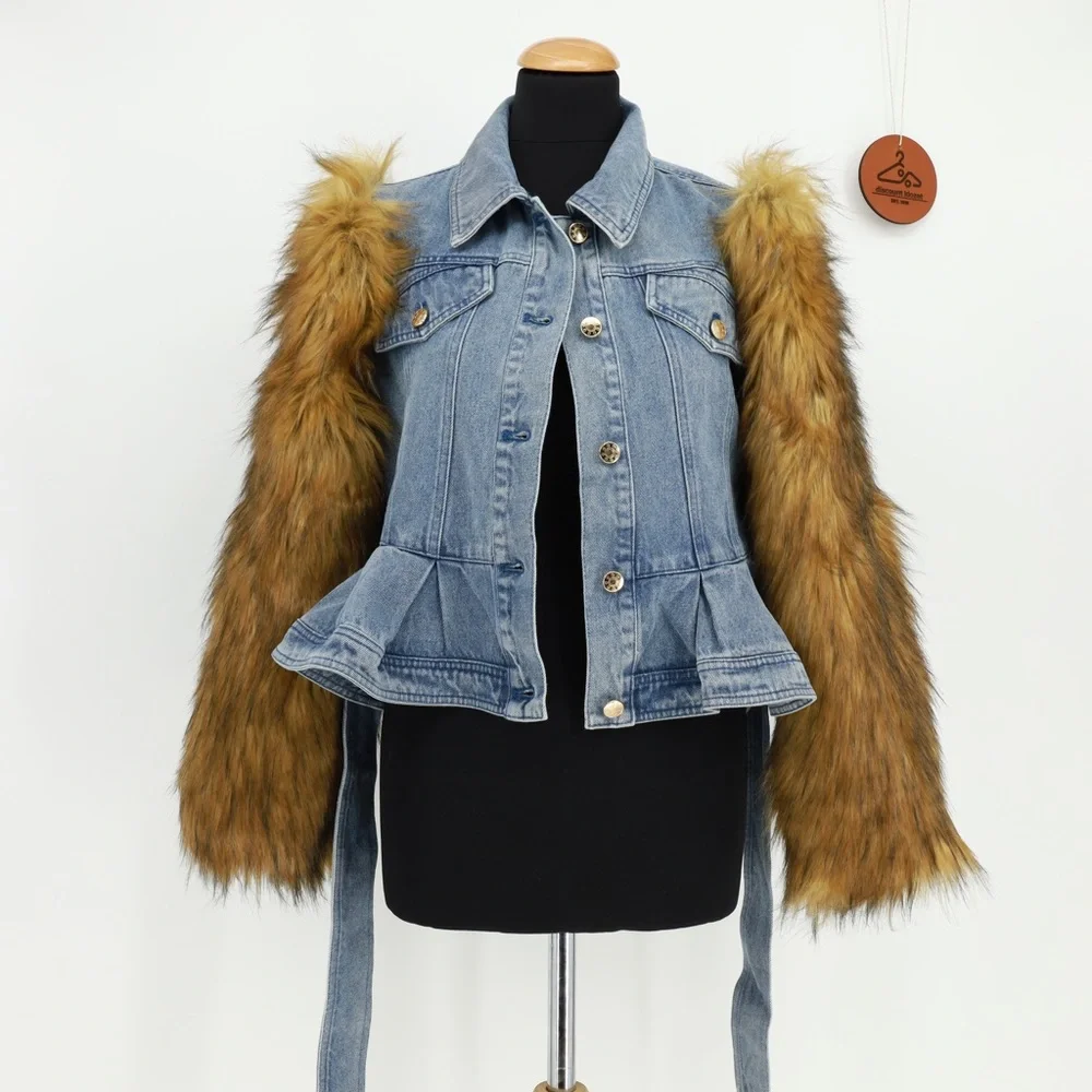 Azalea Wang‎ Denim Jacket Fur Sleeves Belted Ruffle Peplum Size Large NWOT